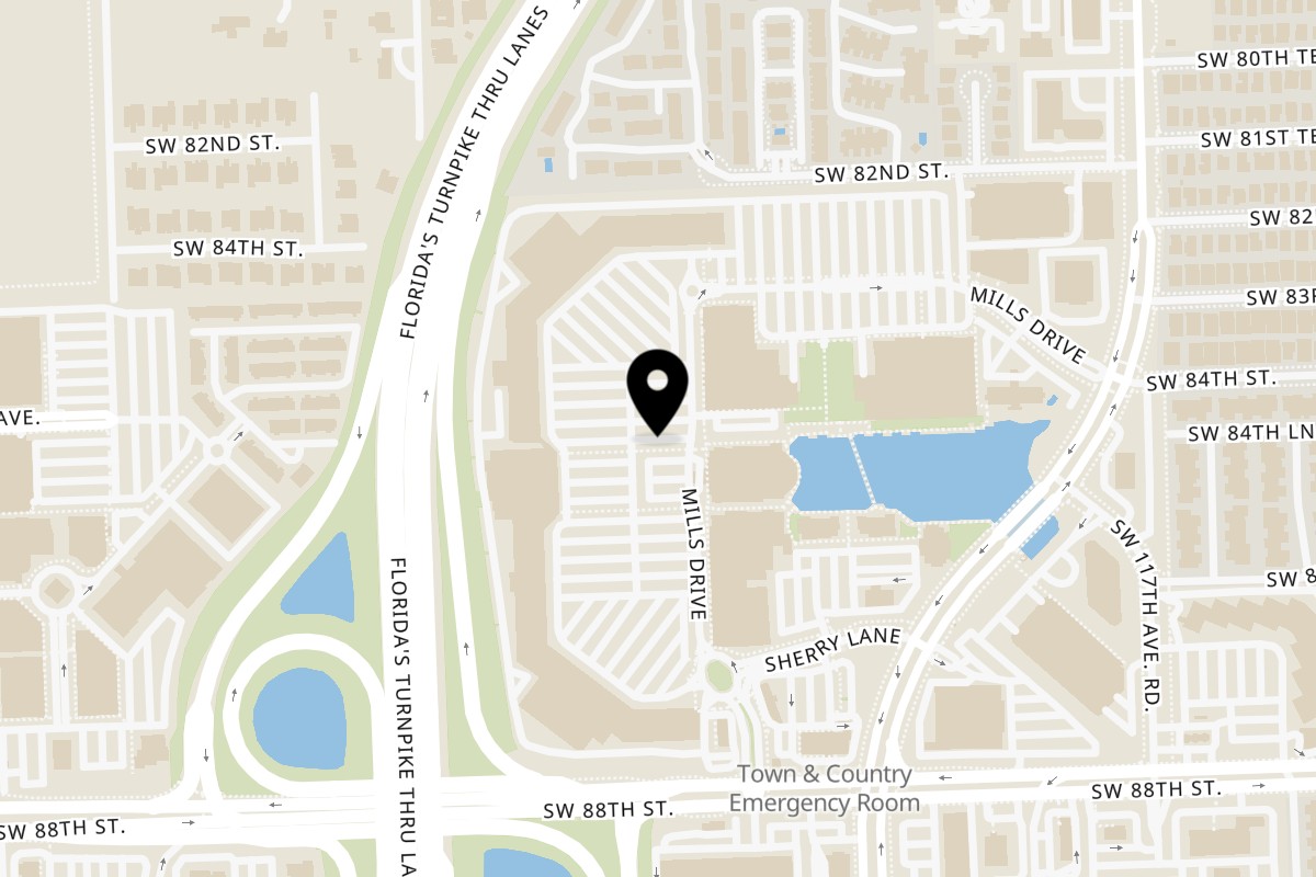 Map showing the location of Bricked Burgers Miami on 11800 Mills Dr in Miami